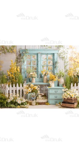 Tło fotograficzne „Turkusowe okno wśród rumianków i wiosennych kwiatów” | E667